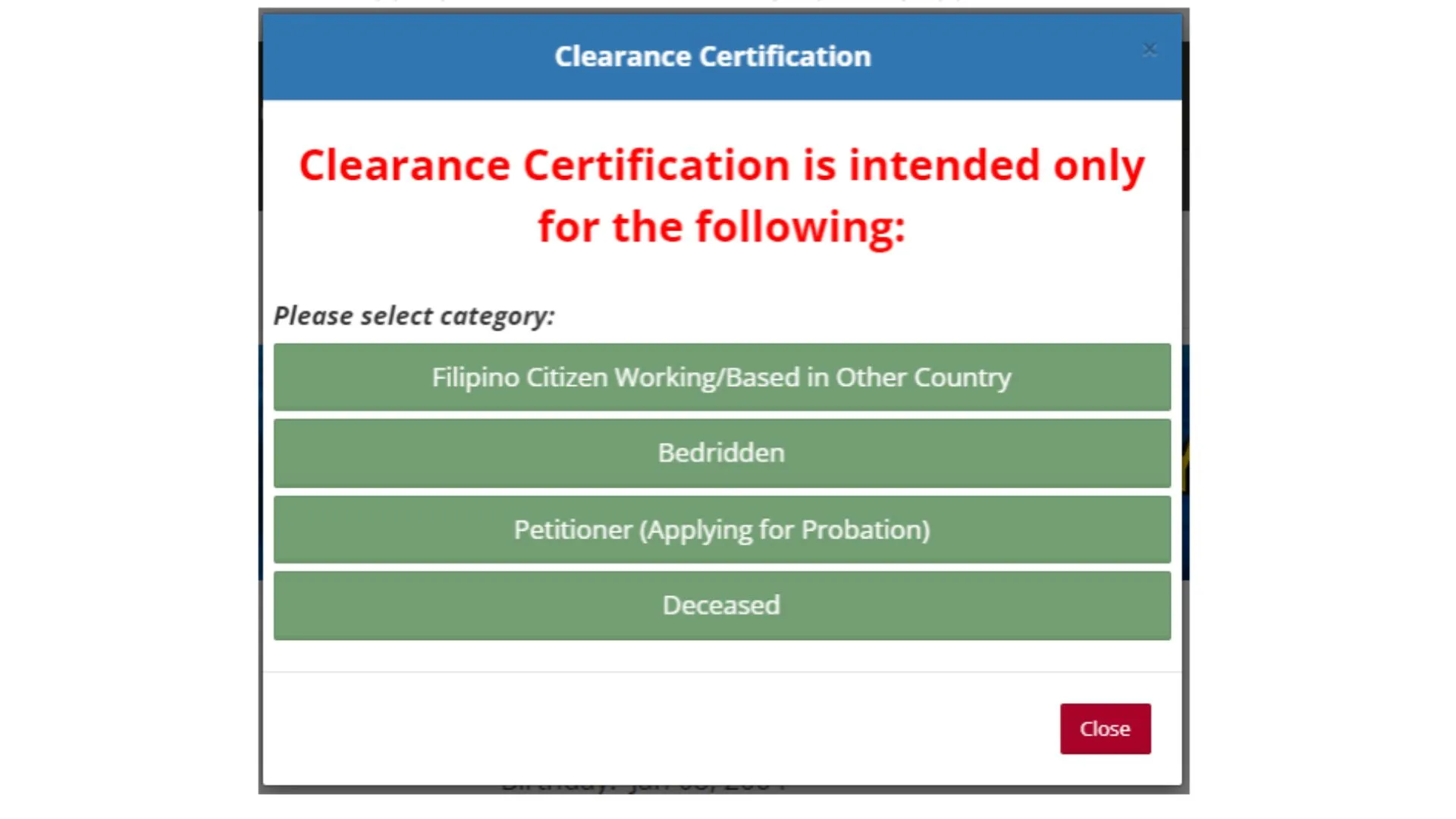 Select cateogary of clearnace certification