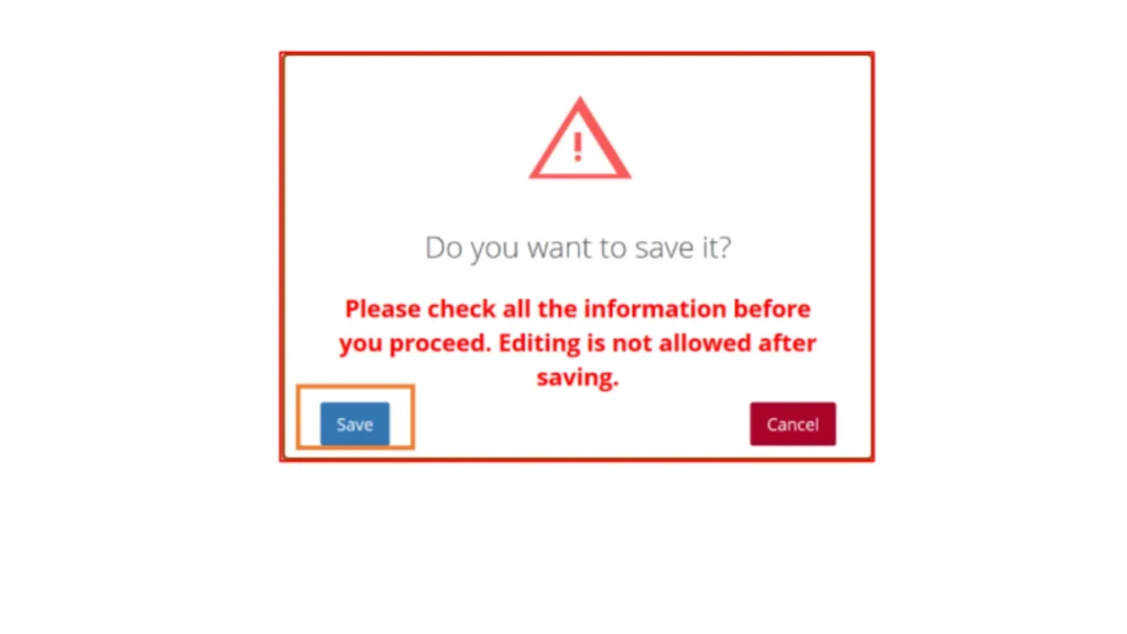 Warning message to review the entered details