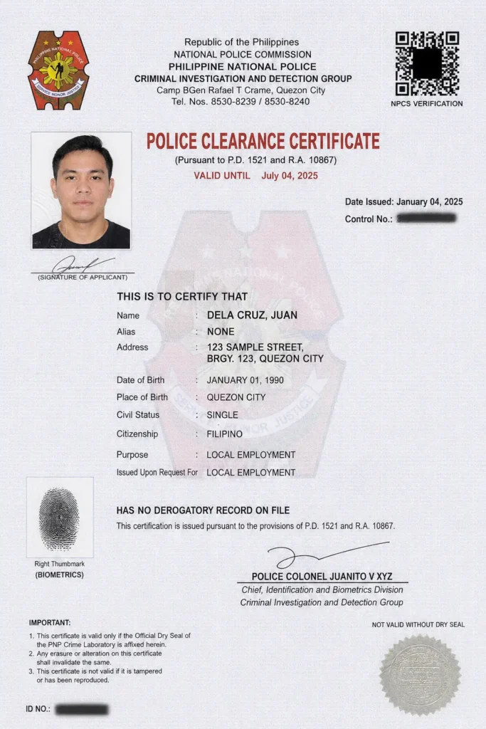 Police clearance certificate sample